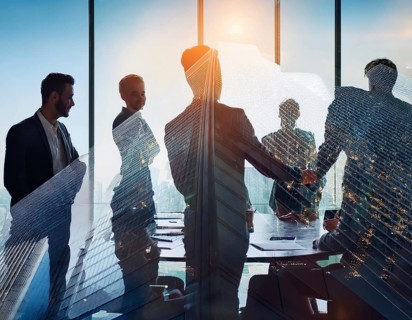 Double exposure image of business people with a modern city. Concept of teamwork, AI generated