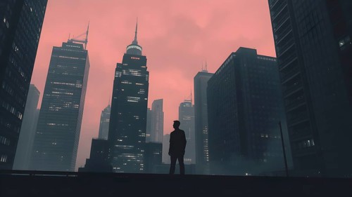 Celebrate ambition with man silhouette cityscape art, a motivational poster symbolizing dreams,