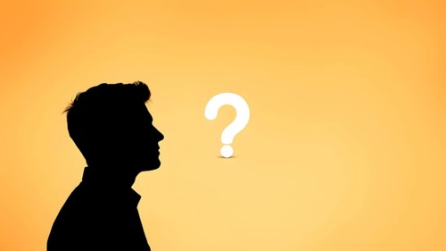 A silhouette of a man with question marks symbolizing uncertainty and exploration, AI generated