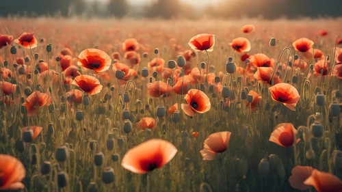 Poppy field wall art print featuring a blooming landscape, celebrating natural beauty, harmony, and