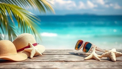 Summer holiday concept poster with starfish, sunglasses, and hat, symbolizing relaxation, joy, and
