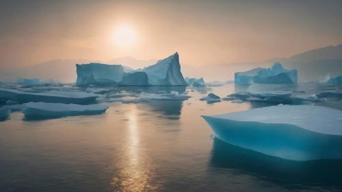 Melting iceberg in sea art print, symbolic wall decor reflecting climate change, nature's