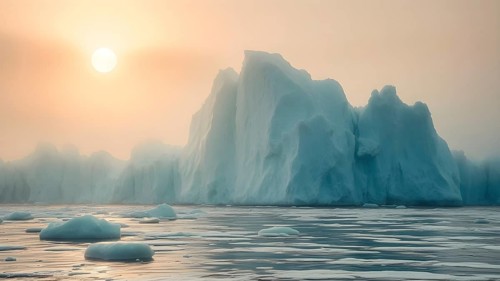 Melting iceberg in sea art print, symbolic wall decor reflecting climate change, nature's