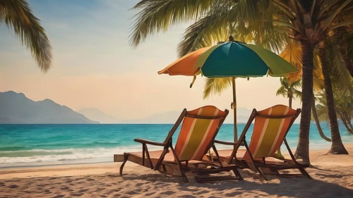 Pair of beach chairs seaside art print, holiday concept poster symbolizing companionship,