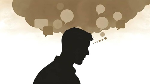 Thinking man silhouette with speech bubble concept, symbolizing dialogue, reflection, creative