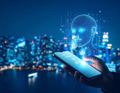 Futuristic AI chatbot hologram symbolizing digital communication, smart assistance, and innovative