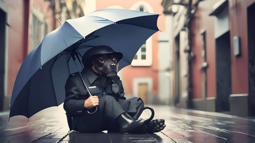 Conceptual man with umbrella rain art poster, symbolizing resilience, strength, and motivation