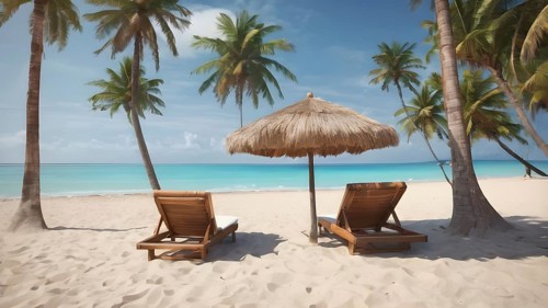 Pair of beach chairs seaside art print, holiday concept poster symbolizing companionship,