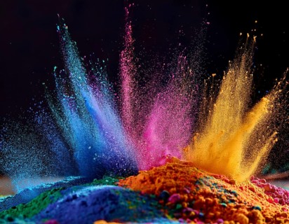 A colorful explosion powder on black background.. Multicolored powder explosion, AI generated
