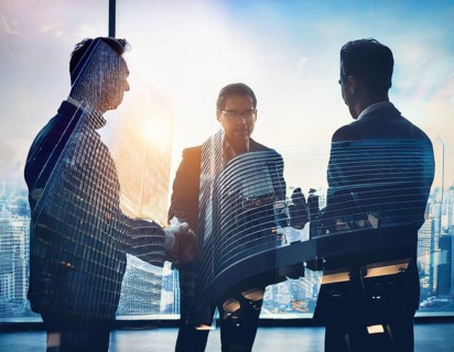 Double exposure image of business people with a modern city. Concept of teamwork, AI generated