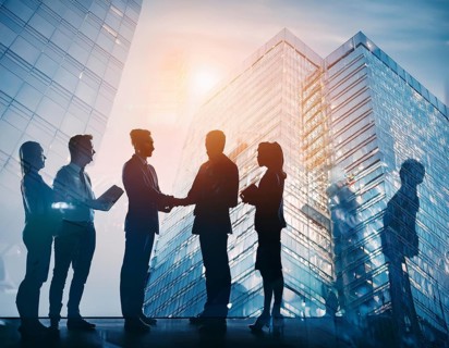 Double exposure image of business people with a modern city. Concept of teamwork, AI generated