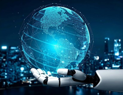 Futuristic AI chatbot hologram symbolizing digital communication, smart assistance, and innovative