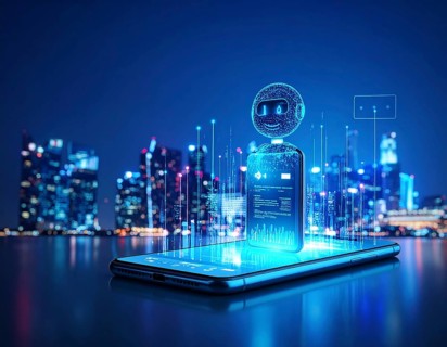 Futuristic AI chatbot hologram symbolizing digital communication, smart assistance, and innovative