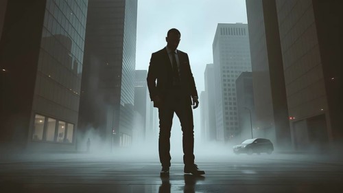 Man silhouette with modern cityscape art print, symbolizing reflection, ambition, and journeys
