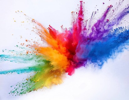 A colorful explosion powder on white background.. Multicolored powder explosion, AI generated