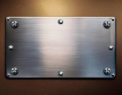 Metal plaque with a brush texture and screws. Shiny brushed metal plate with screws, AI generated