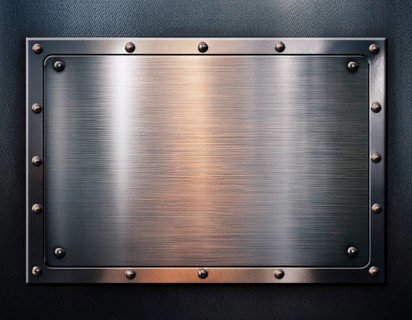 Metal plaque with a brush texture and screws. Shiny brushed metal plate with screws, AI generated