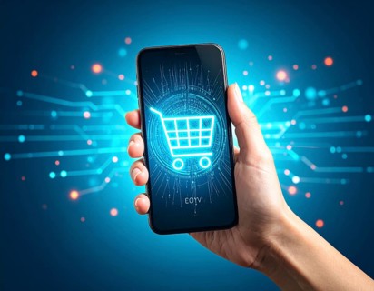 Hand holding smartphone glowing shopping cart icon poster symbolizing online shopping, e-commerce,