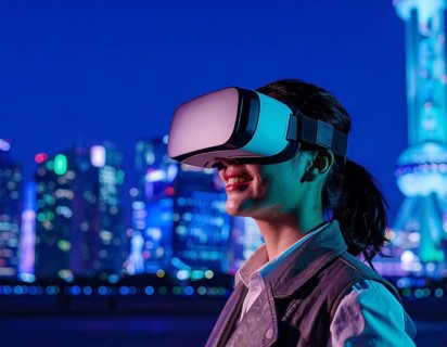 A VR headset user immersed in gaming and metaverse, representing digital entertainment,