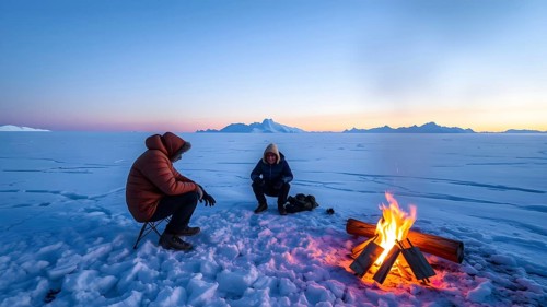 Men around camp fire in on ice shield in the arctic, AI generated