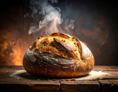 Fresh baked bread steaming on rustic wooden background, symbolizing artisanal baking, tradition,
