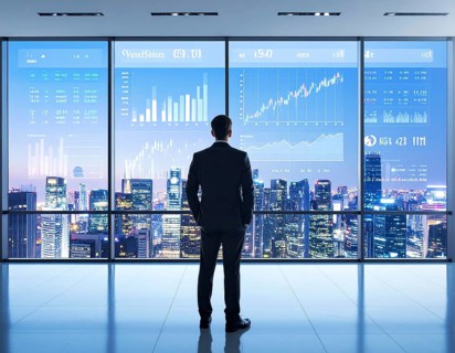 A businessman reviewing financial data on digital screen, representing investment planning,