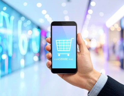 Hand holding smartphone glowing shopping cart icon poster symbolizing online shopping, e-commerce,