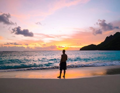 Man on the beach art poster, distant silhouette print symbolizing reflection, solitude, and harmony