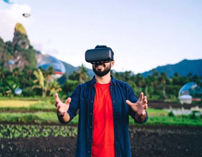 A VR headset user immersed in gaming and metaverse, representing digital entertainment,