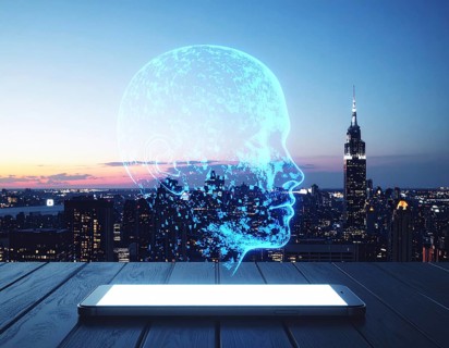 Futuristic AI chatbot hologram floating, symbolizing digital communication, smart assistance, and