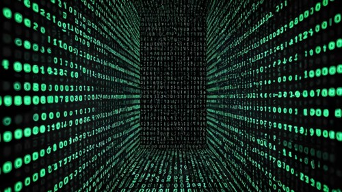 Digital matrix movie screen poster featuring green falling code and futuristic cyberpunk design for