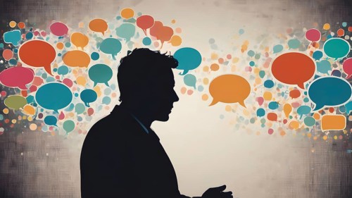 Thinking man silhouette with speech bubble concept, symbolizing dialogue, reflection, creative