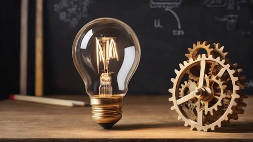 Light bulb with gears concept poster symbolizing creativity, invention, innovation, mechanical