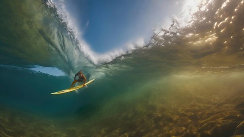 Surfer walking with a surf board in his hand. AI generated image, ai