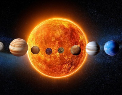 A solar system concept image displaying planets aligned in orbit, symbolizing astronomy, cosmic