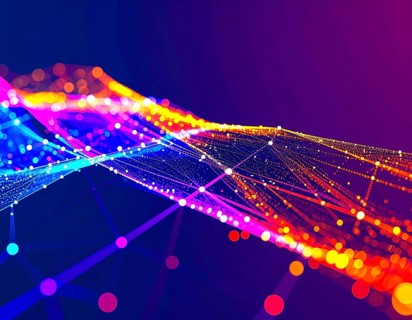 Abstract technology network wall art with glowing multi-color lines and nodes, futuristic digital