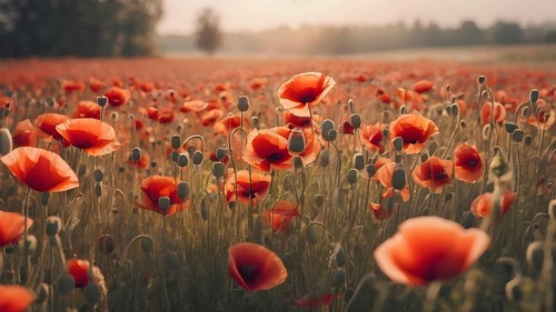 Poppy field wall art print featuring a blooming landscape, celebrating natural beauty, harmony, and