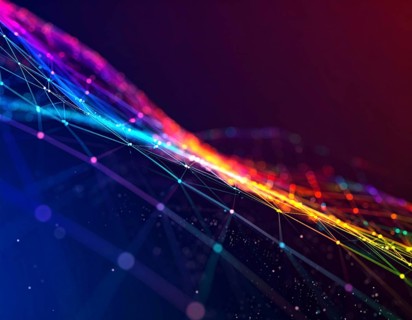 Abstract technology network wall art with glowing multi-color lines and nodes, futuristic digital