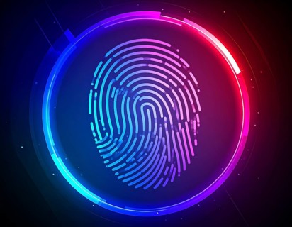 Glowing digital fingerprint wall art symbolizing cybersecurity, identity protection, and futuristic