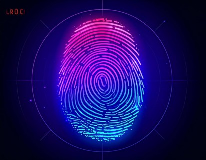 Glowing digital fingerprint wall art symbolizing cybersecurity, identity protection, and futuristic