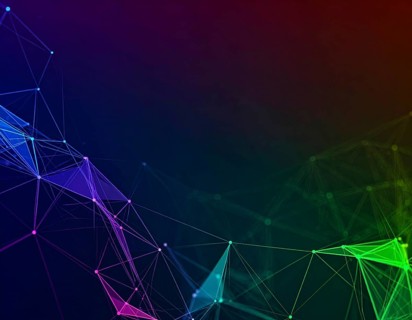 Abstract technology network wall art with glowing multi-color lines and nodes, futuristic digital