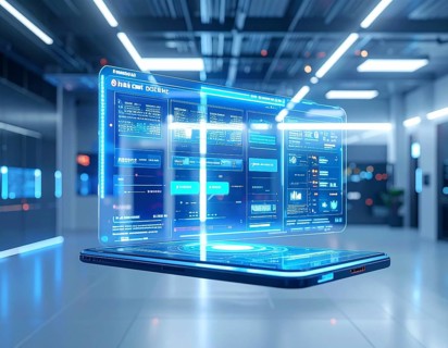 Futuristic AI chatbot hologram floating, symbolizing digital communication, smart assistance, and