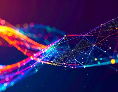 Abstract technology network wall art with glowing multi-color lines and nodes, futuristic digital