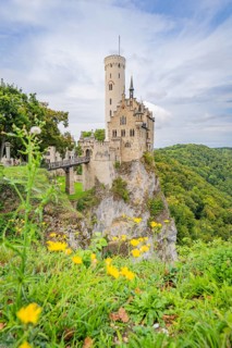 Romantic castle on a steep cliff with yellow flowers in the foreground and surrounded by green