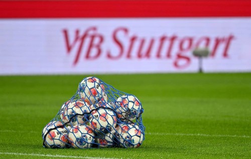Adidas Derbystar match balls in ball net, perimeter advertising VfB Stuttgart, Bundesliga football,