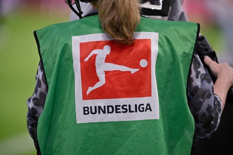 TV camera, camerawoman from behind, bib, logo football Bundesliga, MHPArena, MHP Arena Stuttgart,