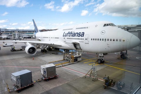 Lufthansa Boeing 747-400 jumbo jet at Frankfurt Airport, Germany
