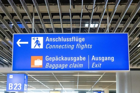 Sign at Frankfurt Airport with the inscription Connecting flights and baggage claim, Frankfurt,