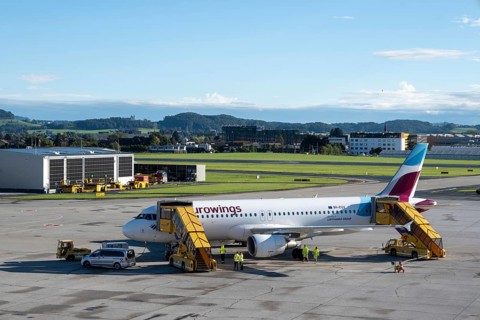 Airbus A320-214 of the airline Eurowings at Salzburg Airport, Austria