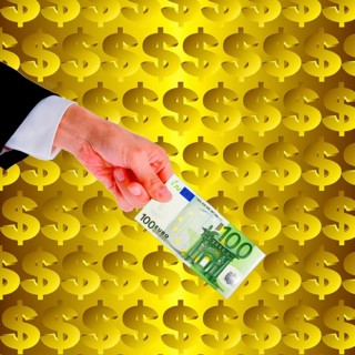 Symbolic image, hand holds out 100-euro note in front of dollar wall, Wall Street and Dax upswing,